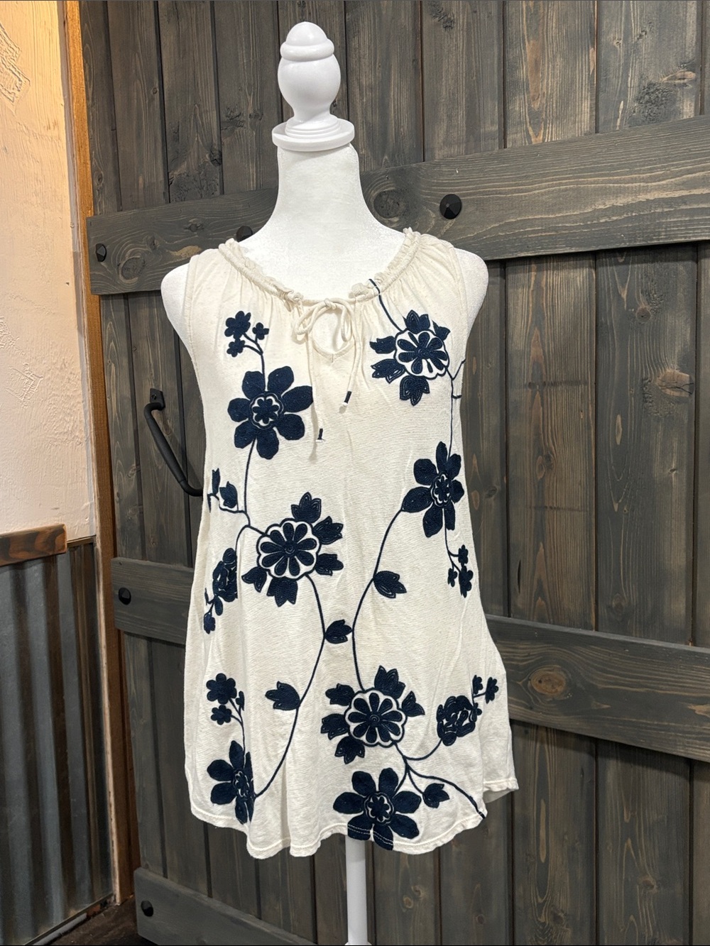 Lucky Brand Cream Sleeveless Tank with Navy Floral Embroidery